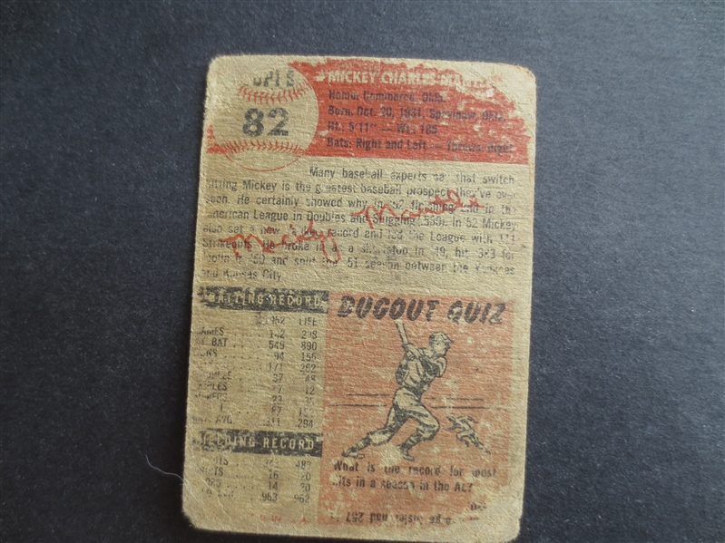 1953 Topps Mickey Mantle Baseball Card #82 in affordable condition!