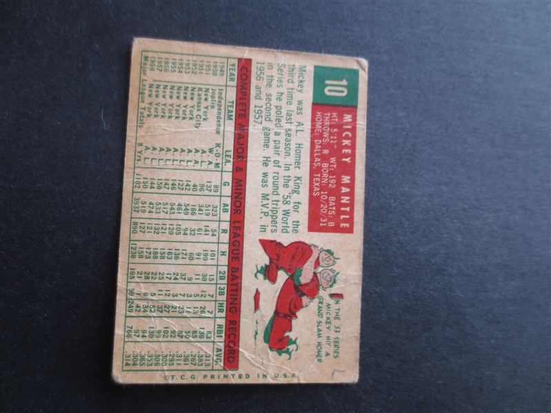 1959 Topps Mickey Mantle Baseball Card #10 in affordable condition!