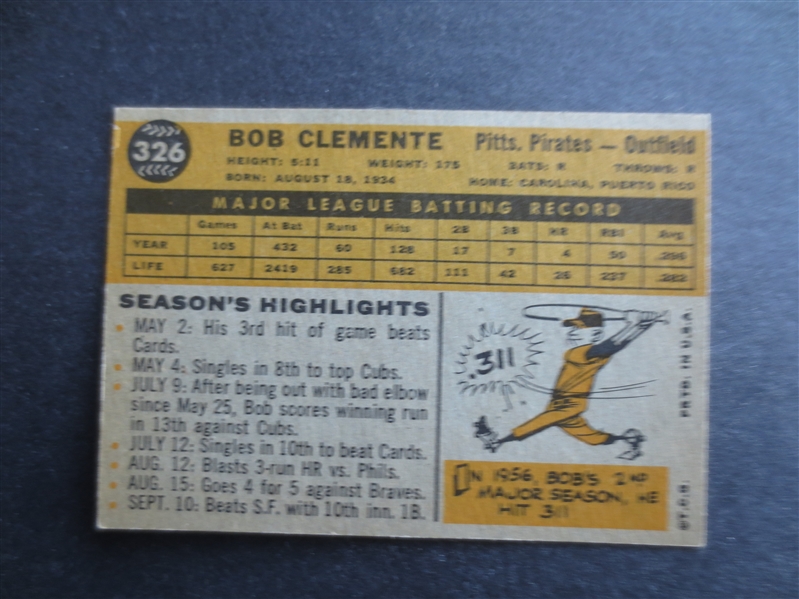1960 Topps Bob Clemente Baseball Card #326 in Great Shape!