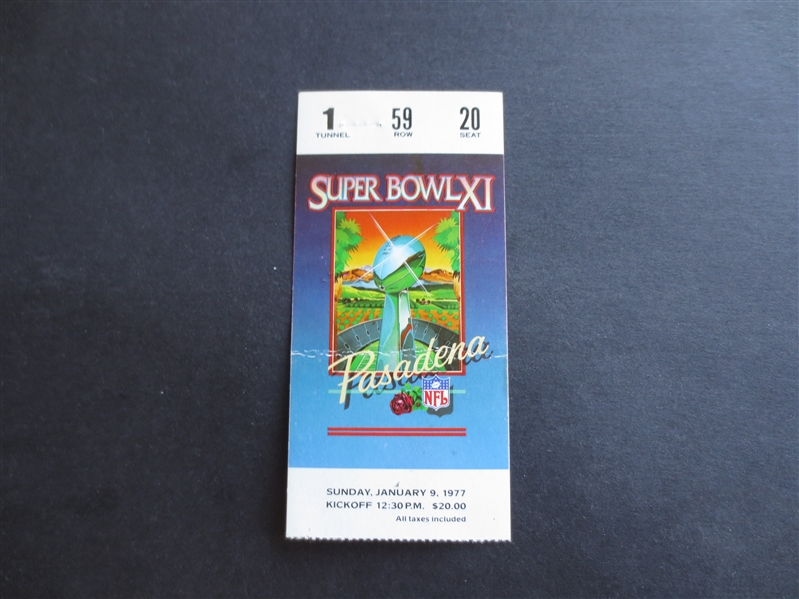 1977 Super Bowl XI Football Ticket  Oakland Raiders vs. Minnesota Vikings
