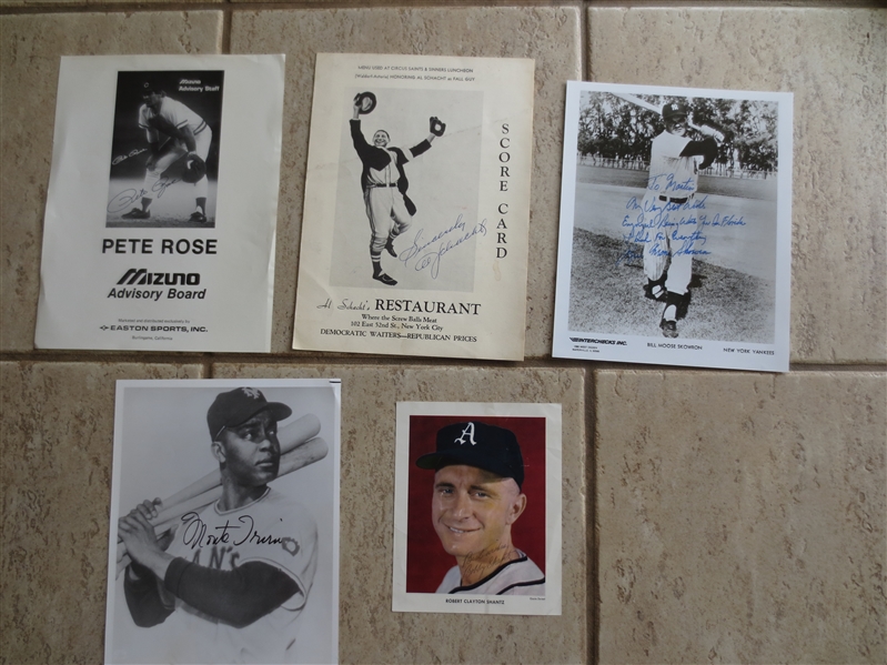 (5) different Autographed Baseball Photos: Monte Irvin, Pete Rose, Moose Skowron, Al Schacht, and Bobby Shantz
