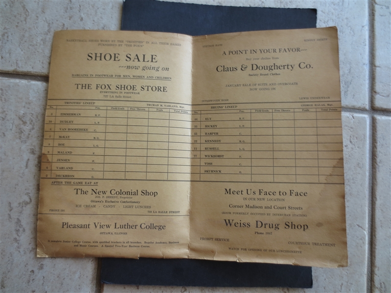 January 24, 1930 Chicago Bruins of the ABL at National City Bank Trinities Basketball Program Scorecard  with HOF PLAYERS