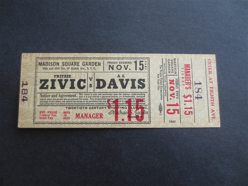 November 15, 1940 Al Bummy Davis vs. Fritzie Zivic Boxing Ticket at MSG---Murder and Jewish Mafia
