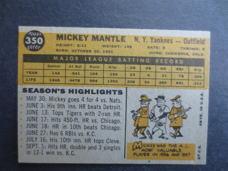 1960 Topps Mickey Mantle Baseball Card #350 in Beautiful Shape!       JZ