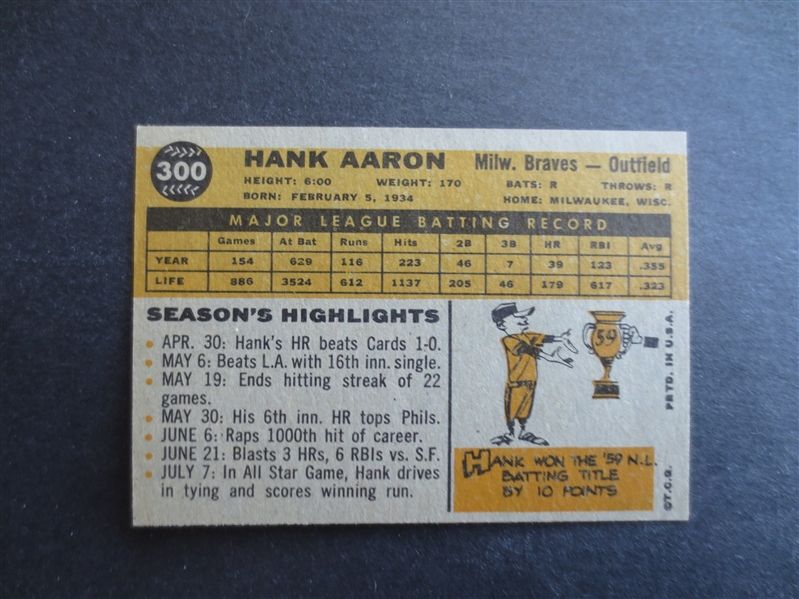 1960 Topps Hank Aaron Baseball Card #300 in Beautiful Shape!    JZ