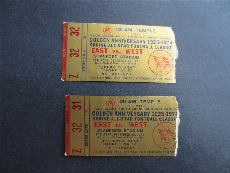 (2) 1974 East West Shriners All Star Football Game Tickets  Stanford Stadium