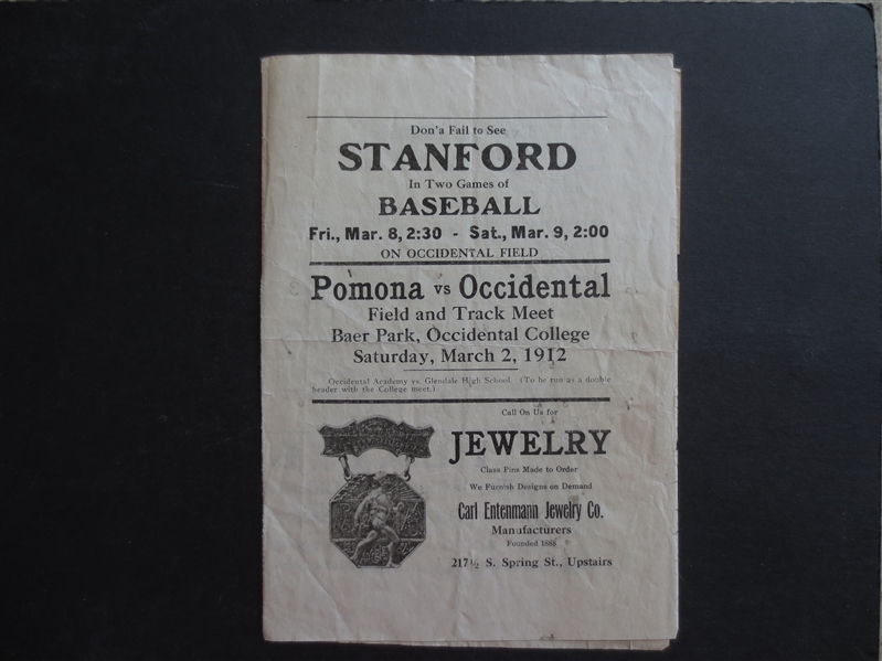 1912 Pomona College vs. Occidental College Track and Field Program with mention of upcoming baseball game Occidental vs. Vernon of the PCL
