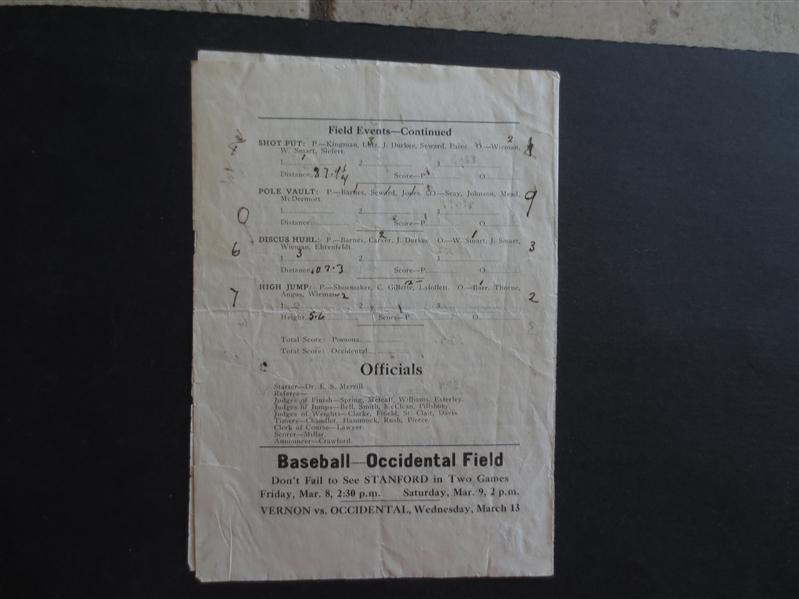 1912 Pomona College vs. Occidental College Track and Field Program with mention of upcoming baseball game Occidental vs. Vernon of the PCL