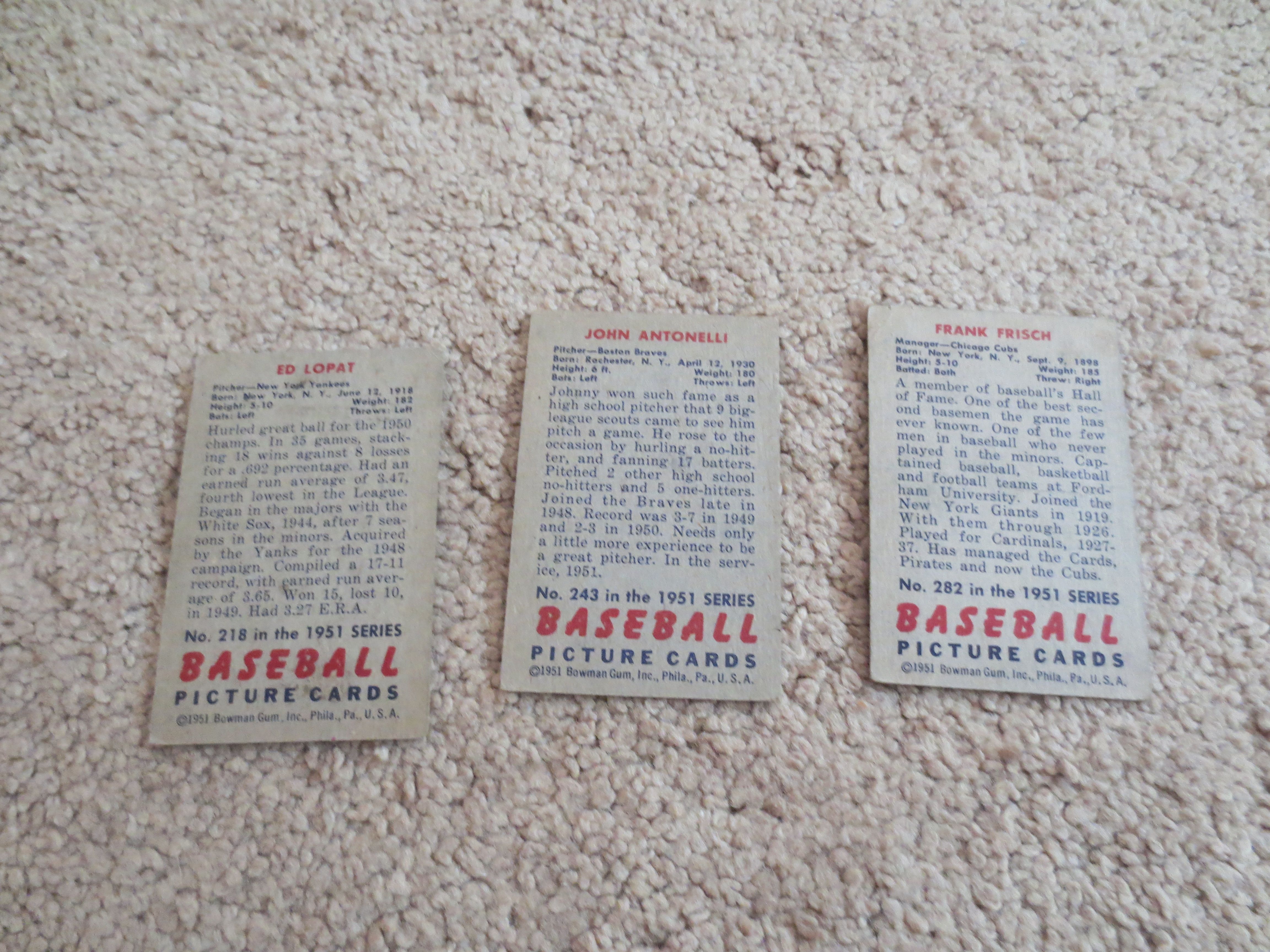 Lot Detail - (3) 1951 Bowman Baseball Cards Frank Frisch, Ed Lopat ...