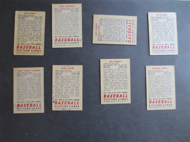 (8) different 1951 Bowman Baseball New York Giants Cards with high #'s