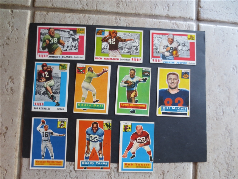 (10) 1955 and 1956 Topps Football Cards including Lujack and autographed Buddy Young