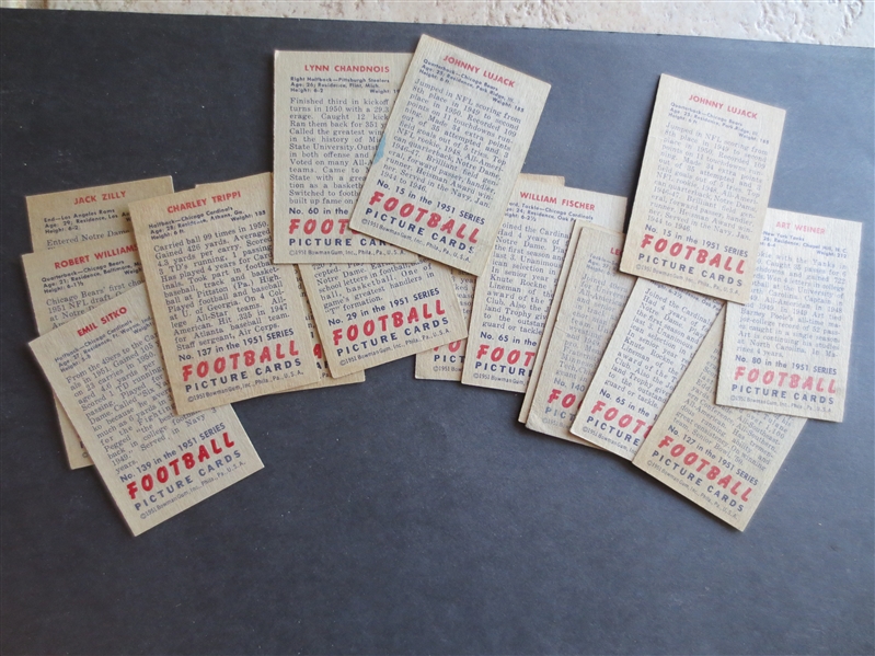 (18) 1951 Bowman Football Cards including Lujack (2), Hart, Nomellini, Trippi