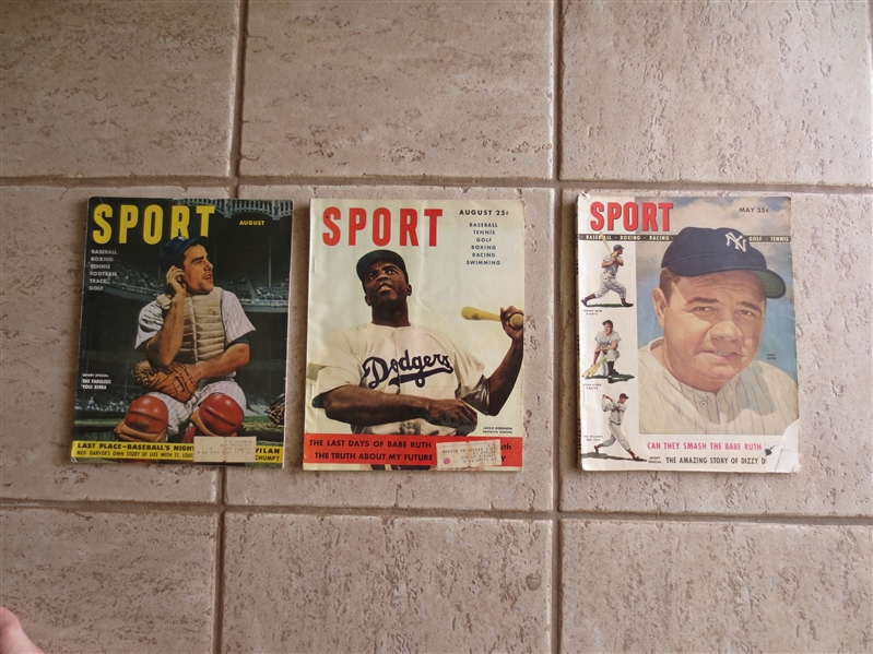 Three Sport Magazines from 1948, 49, and 51 with covers of Babe Ruth, Jackie Robinson, and Yogi Berra
