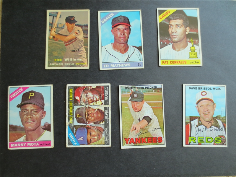 (7) 1957-67 Topps baseball cards in assorted conditions including Mathews, Ford, Koufax/Gibson