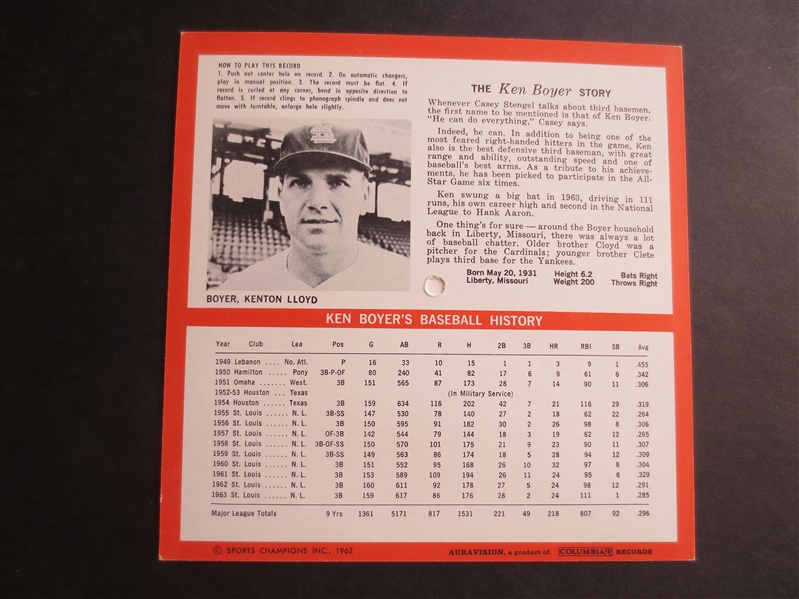1964 Auravision Record Ken Boyer St. Louis Cardinals in very nice shape!