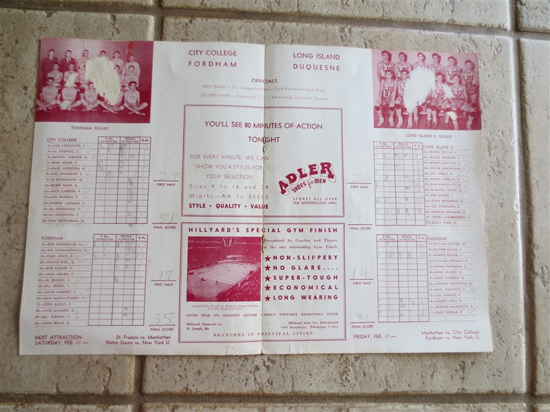 1939 LIU vs. Duquesne & CCNY vs Fordham Scored Basketball Program Dolly King, Torgoff, Shechtman, more