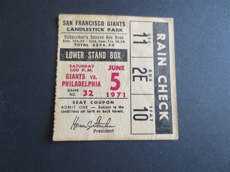1971 Philadelphia Phillies at San Francisco Giants Baseball Ticket Mays, McCovey, Bonds, McCarver