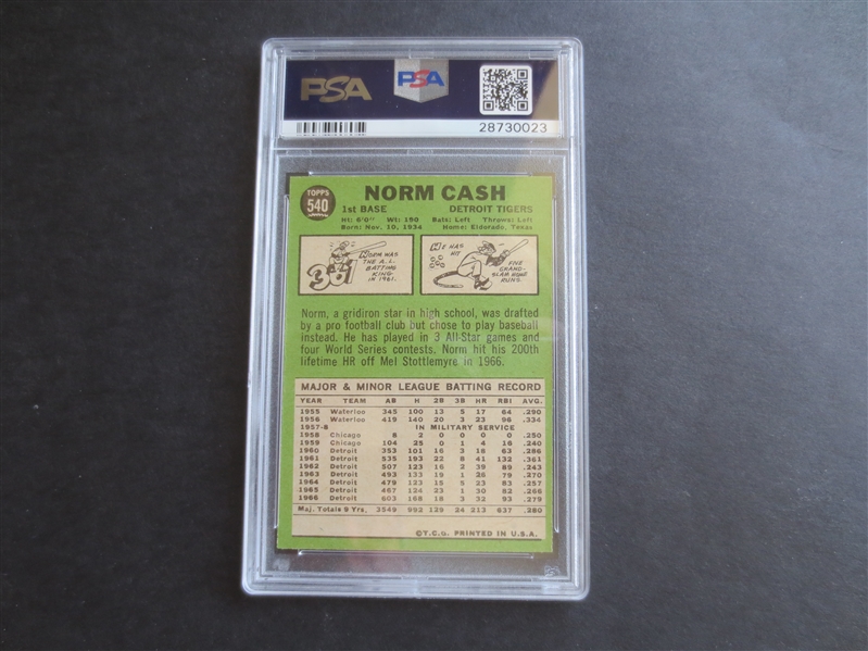 1967 Topps Norm Cash PSA 8(ST) nmt-mt baseball card #540 high number!  A beauty!