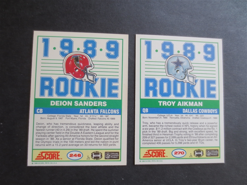 1980 Score Rookie Troy Aikman and Deion Sanders Football Cards in beautiful condition