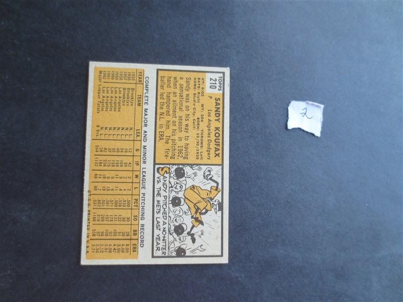 1963 Topps Sandy Koufax baseball card #210 in very nice shape!           2