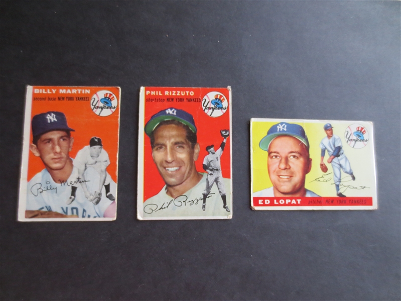 1954 Topps Phil Rizzuto + Billy Martin baseball cards + 1955 Topps Eddie Lopat in affordable condition