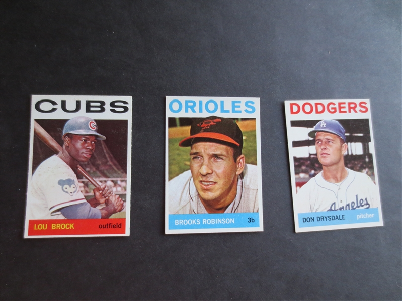 (3) 1964 Topps Hall of Famer Baseball Cards in Great Condition: Brock, Drysdale, Brooks Robinson