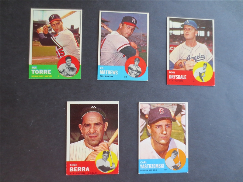 (5) 1963 Topps Hall of Famer Baseball Cards in very nice shape: Yaz, Berra, Mathews, Torre, Drysdale