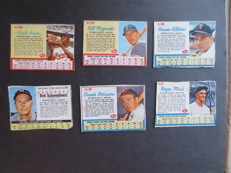 (6) 1961 & 62 Post Cereal Superstar Cards: Aaron, Maris, Killebrew, Mazeroski, Brooks Robinson, Red Schoendienst