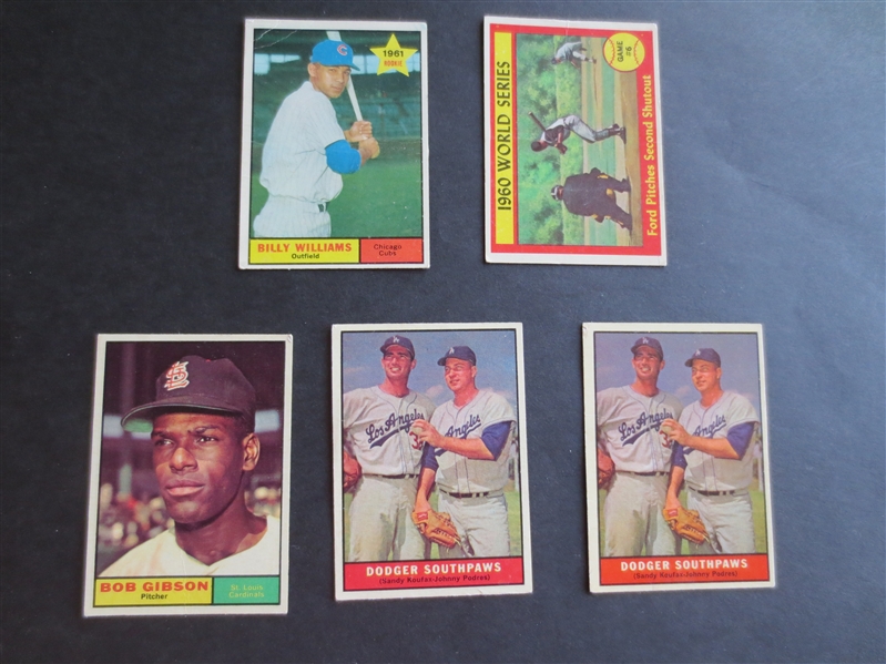 (5) 1961 Topps Baseball Cards Picturing Hall of Famers: Billy Williams rookie, Koufax(2), Gibson, Ford