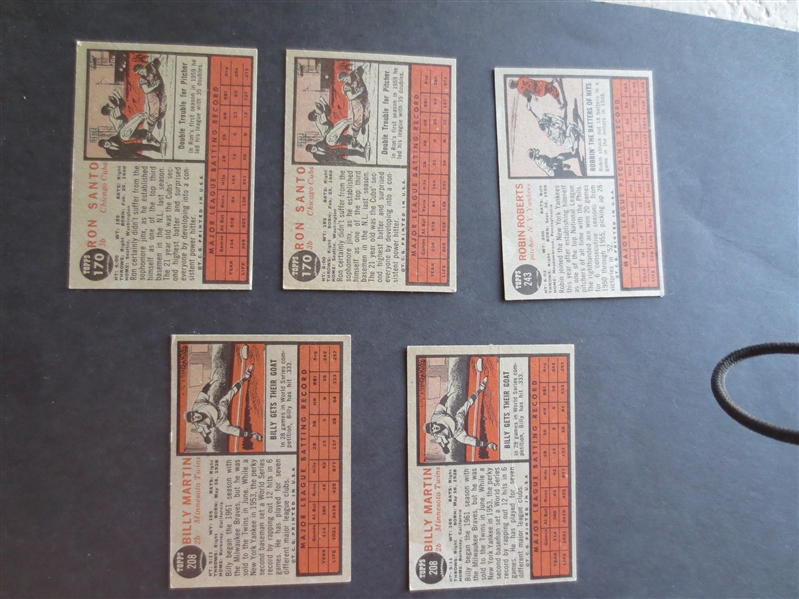 (5) 1962 Topps Hall of Famer baseball cards in nice shape:  Santo (2), Martin (2), Roberts