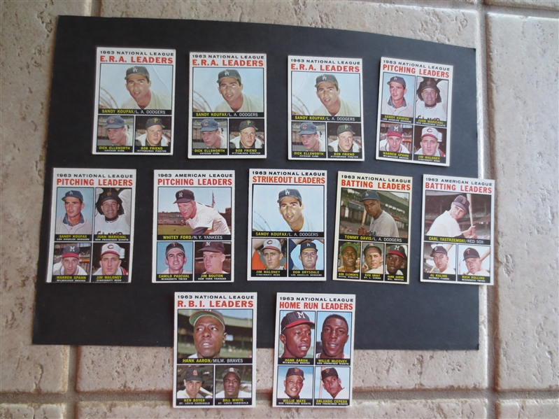 (11) 1964 Topps Leader Baseball Cards with Koufax, Aaron in assorted condition