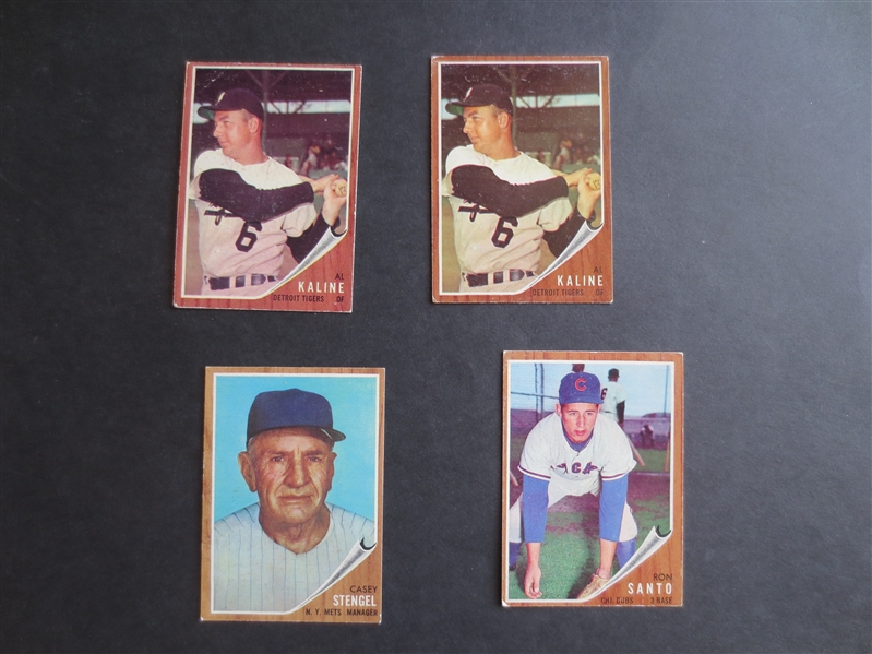 (4) 1962 Topps Hall of Famer Baseball Cards:  (2) Kaline, Santo, Stengel