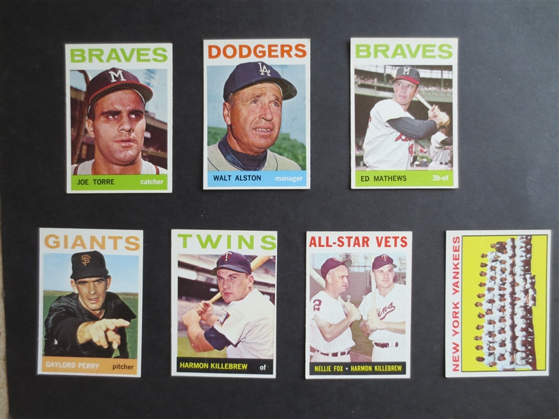 (7) different 1964 Topps Baseball Cards Picturing Hall of Famers in Great Shape including Yankees Team