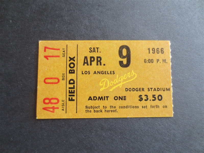1966 Spring Training Koufax Win Ticket---No-hitter for 6 innings---just after Koufax/Drysdale salary strike