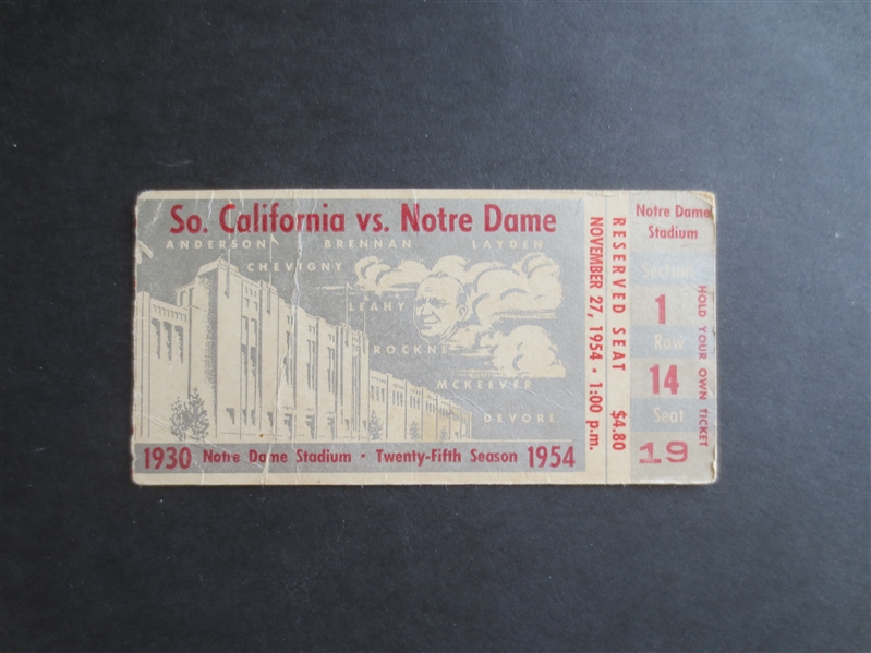 1954 USC at Notre Dame Football Ticket Honoring Knute Rockne