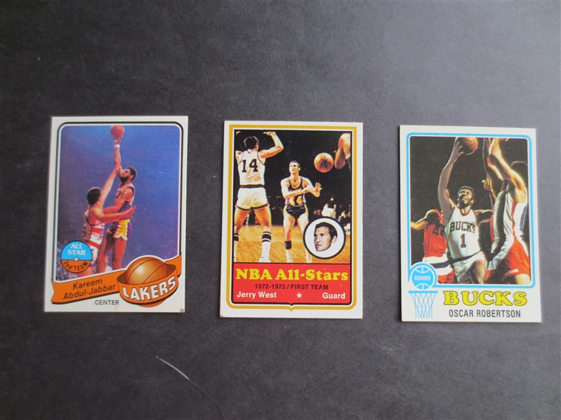 (3) Superstar Topps Basketball Cards from the 1970's: West, Jabbar, Robertson in very nice shape!