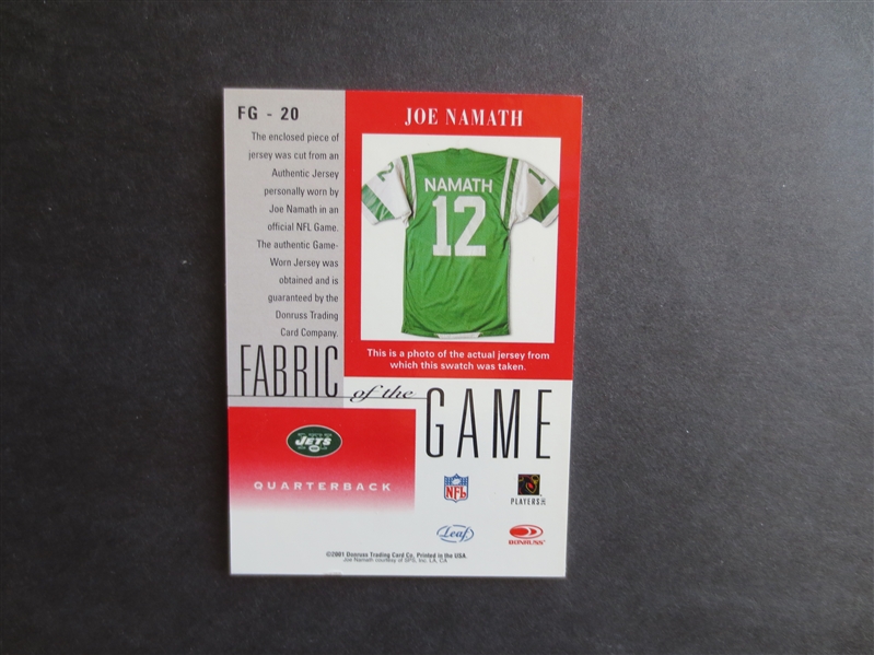2001 Donruss Joe Namath Fabric of the Game Football Card