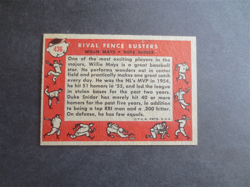 1958 Topps Rival Fence Busters Mays/Snider baseball card in beautiful shape but off-center