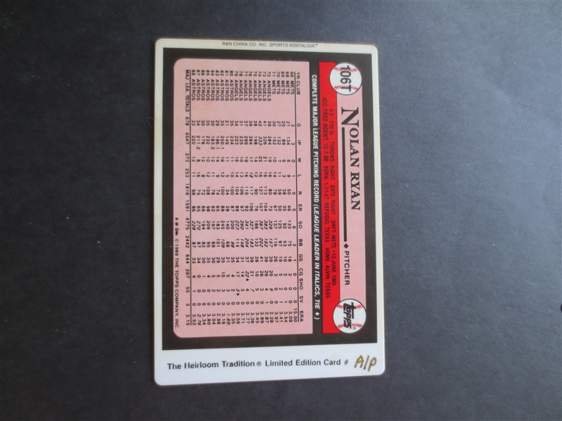 1989 R & N China Heirloom Tradition Nolan Ryan Topps Card  6 x 4