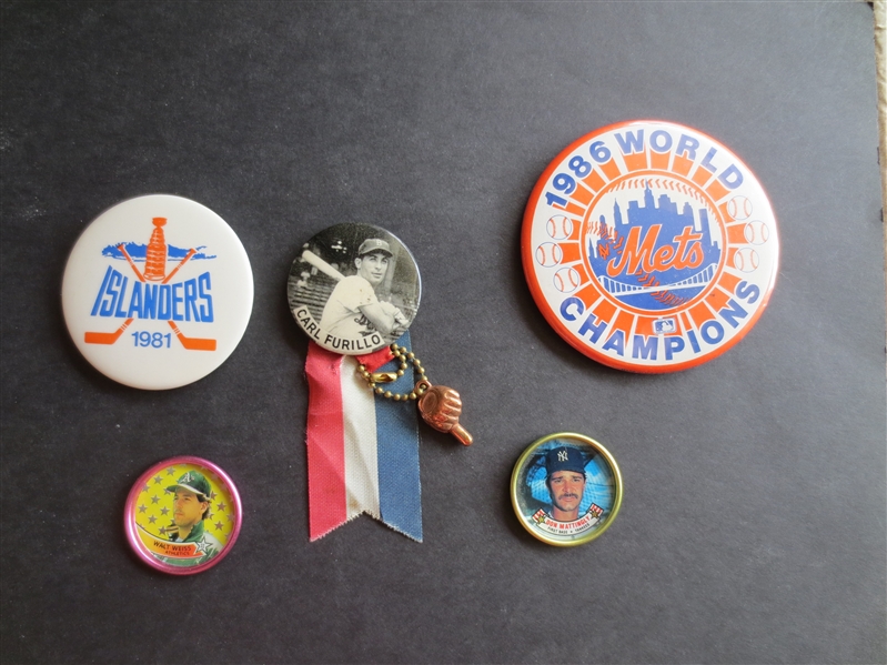 (5) Vintage Baseball and Hockey Pins:  Carl Furillo, 1986 Mets World Series Champs, 1981 NY Islanders Hockey, Mattingly, Weiss