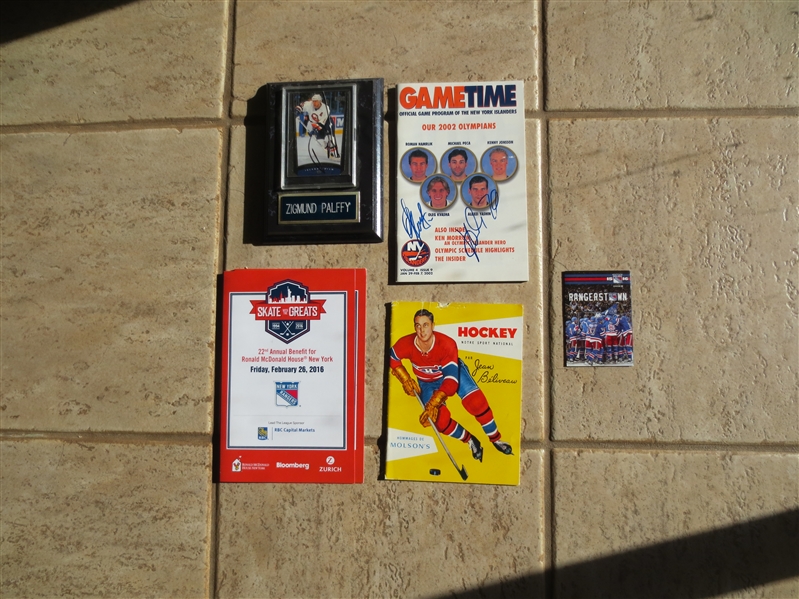 Autographed Hockey items of Palffy, Kvasha, Yashin + advertising + Beliveau booklet + 2015-16 Rangers schedule