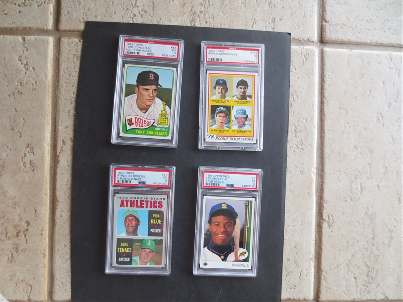 (4) different PSA Rookie Baseball Cards: Ken Griffey, Jr., Molitor/Trammell, Vida Blue/Tenace, Tony Conigliaro