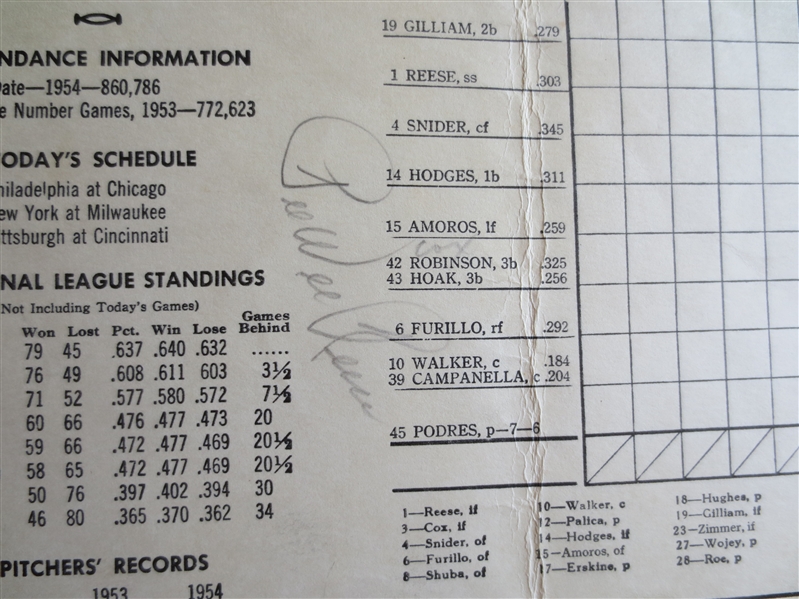 Autographed Pee Wee Reese 1954 Brooklyn Dodgers at St. Louis Cardinals scored scorecard 