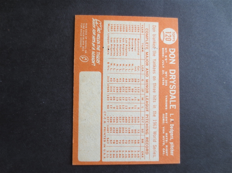 1964 Topps Don Drysdale Baseball card #120 in beautiful shape!        2