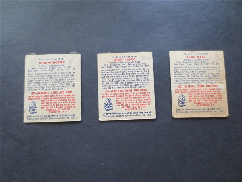 (3) 1949 Bowman Baseball cards in affordable condition: Pafko, Dark, and Wyrostek