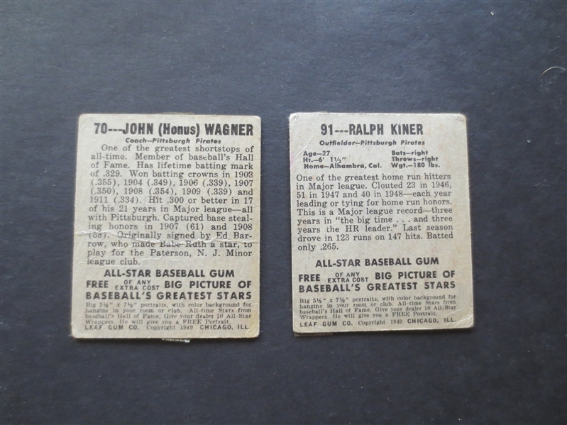 1949 Leaf Honus Wagner + 1949 Leaf Ralph Kiner baseball cards in affordable condition!
