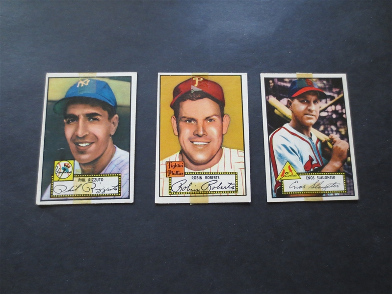 (3) 1952 Topps Hall of Famer Baseball Cards in affordable condition: Rizzuto, Roberts, Slaughter