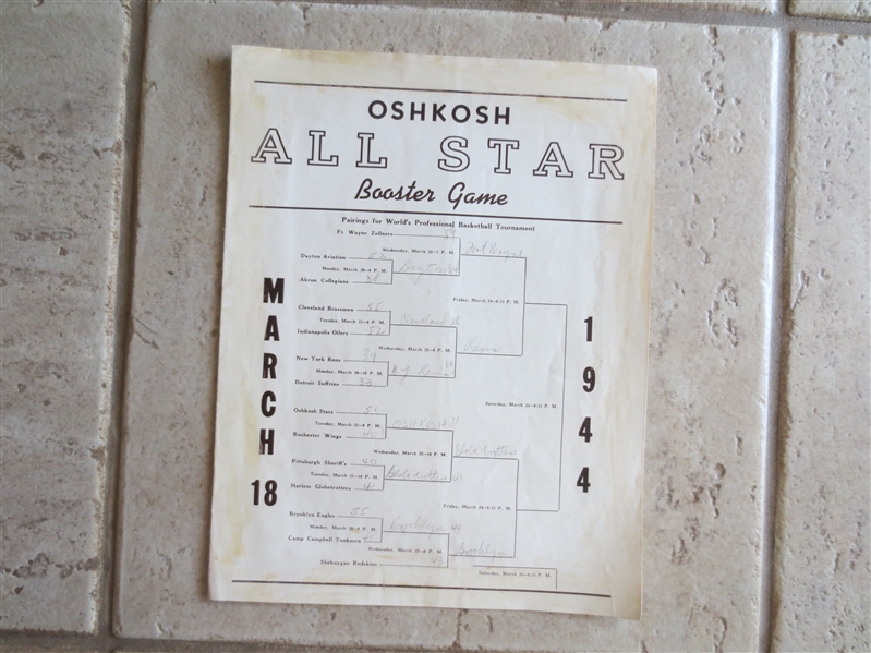 March 18, 1944 Brooklyn Eagles vs. Oshkosh All Stars Booster Basketball Game Scored program