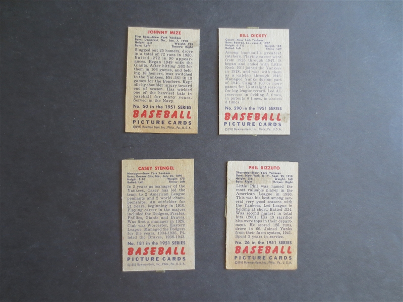 (4) 1951 Bowman Hall of Famer Baseball Cards in affordable condition: Rizzuto, Dickey, Stengel, Mize