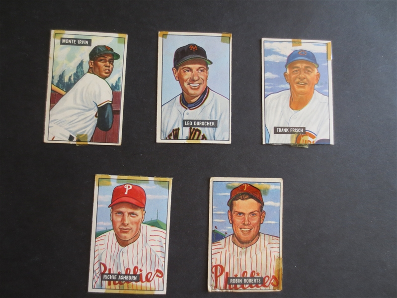 (5) different 1951 Bowman Hall of Famer Baseball cards in affordable condition: Irvin, Durocher, Frisch, Ashburn, Roberts
